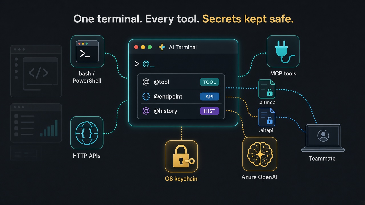 Termorq: one window for the shell, HTTP APIs, MCP tools, and a model. Secrets stay in the OS keychain.