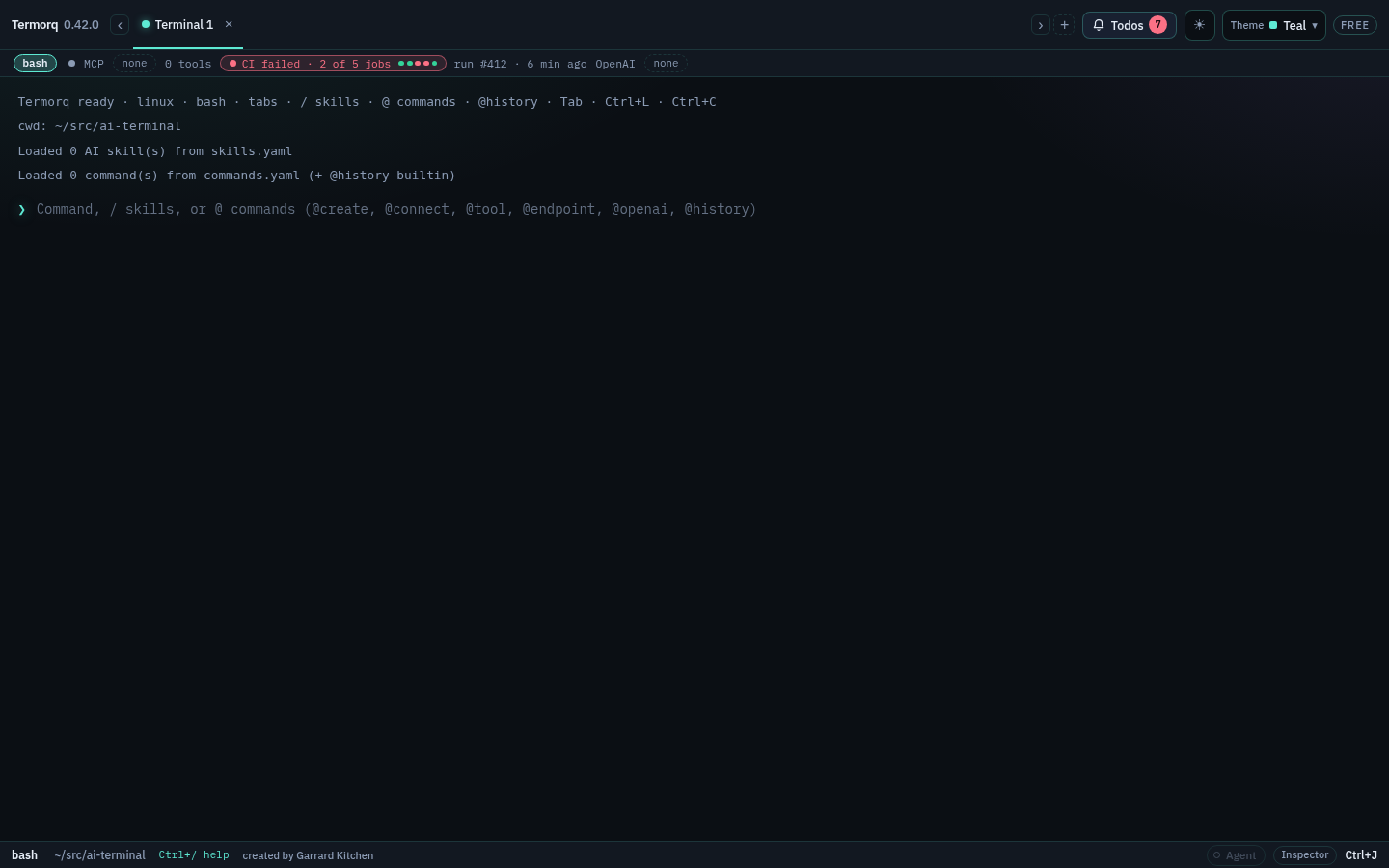 The status strip with the CI chip reading CI failed · 2 of 5 jobs, one dot per job, and run #412 · 6 min ago