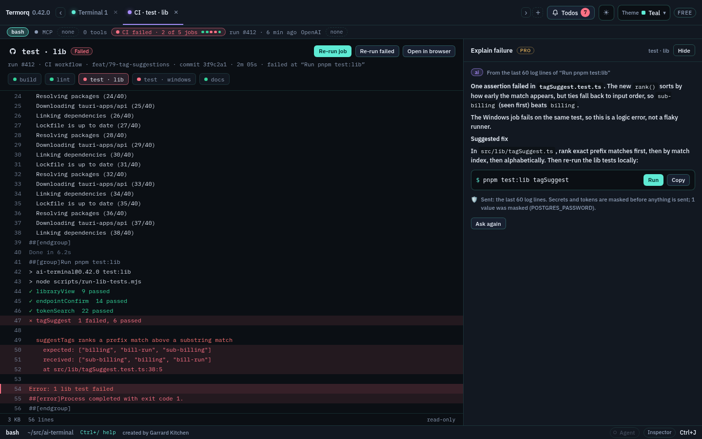 The CI log tab for a failed job, with the Explain failure panel beside it
