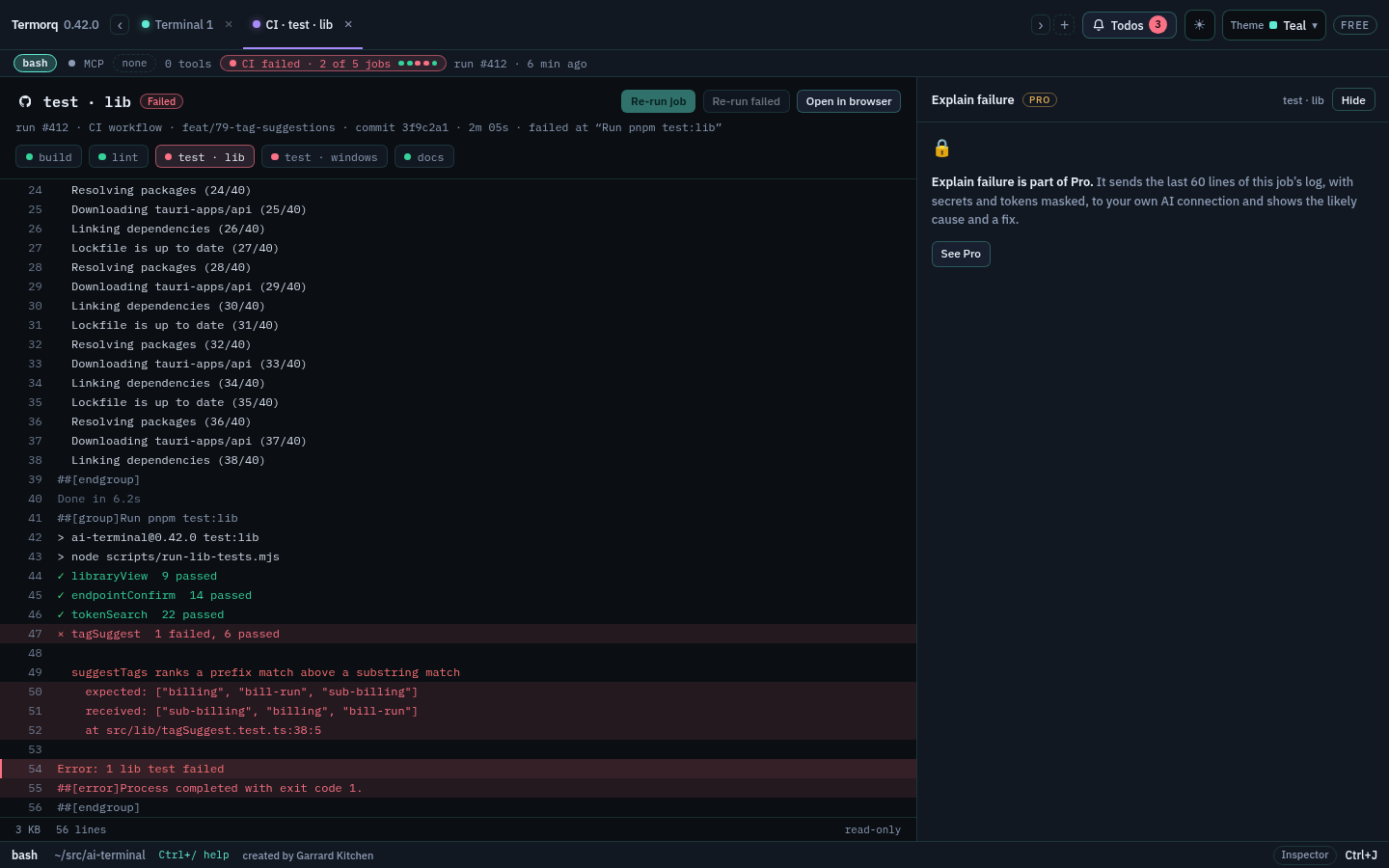 A CI log tab on Free: Explain failure is locked with a PRO badge and Re-run is disabled