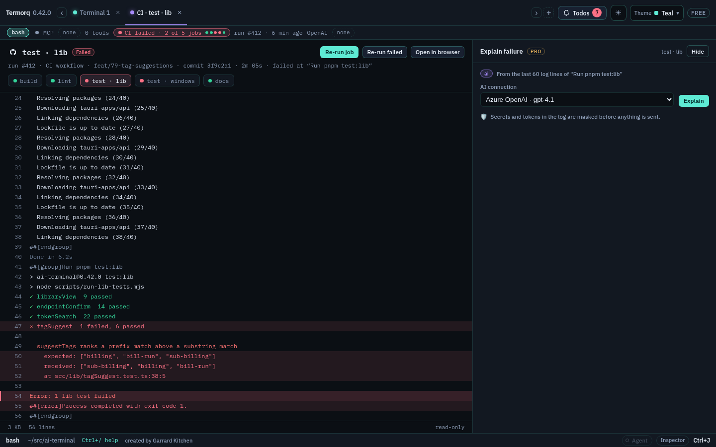A CI log tab for test · lib: Re-run job, Re-run failed and Open in browser, the run line, job chips, numbered log lines with the failed test lines tinted red, and the Explain failure panel