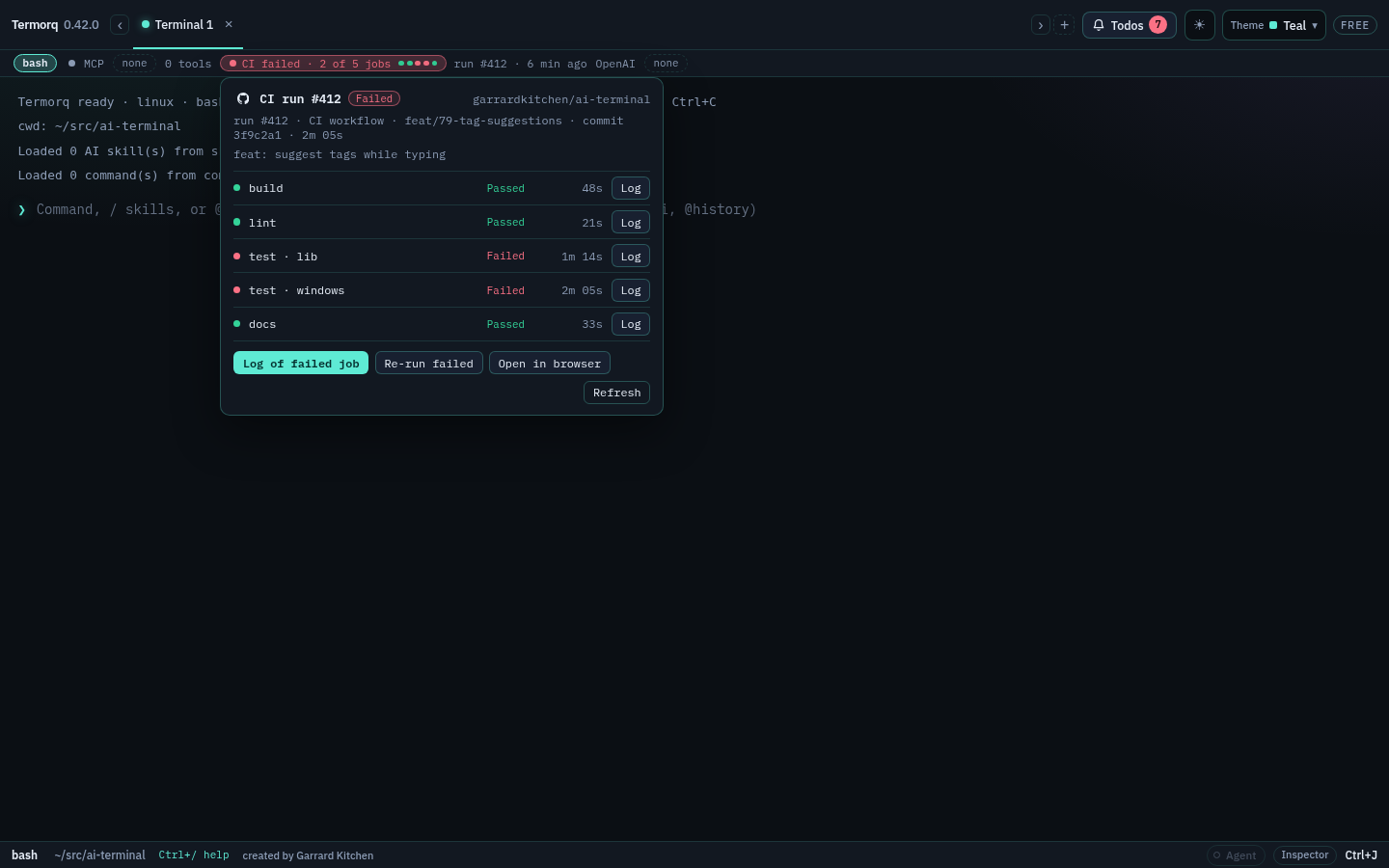 The popover for CI run #412 with five jobs (build, lint, test · lib, test · windows, docs), their states and durations, and Log of failed job, Re-run failed, Open in browser and Refresh