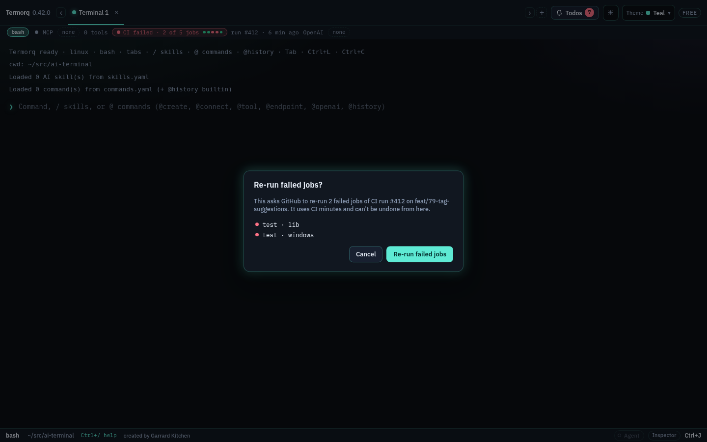 The Re-run failed jobs? dialog listing test · lib and test · windows