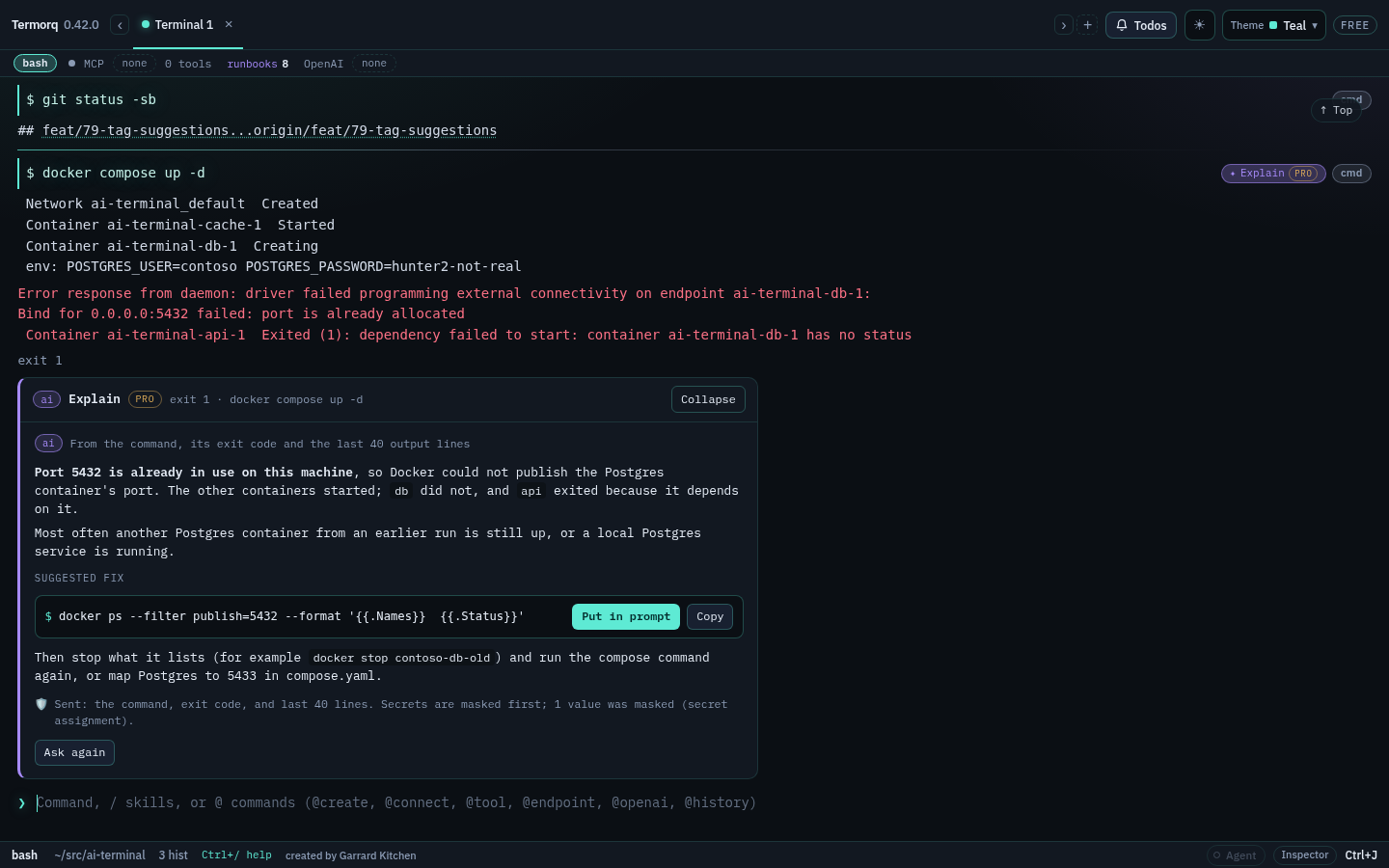 The Explain panel under a failed docker compose command, with a suggested fix