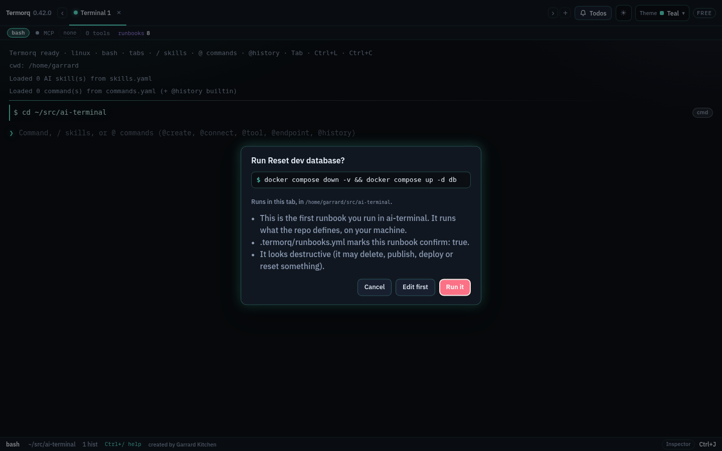 The confirm dialog for a destructive runbook marked confirm: true