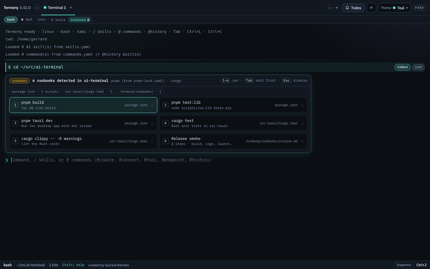 The runbooks strip after cd into a repository