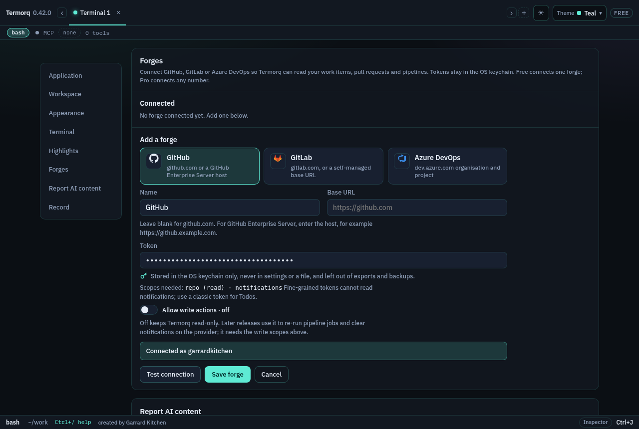 Settings → Forges with the GitHub card selected, a masked token and a passing connection test