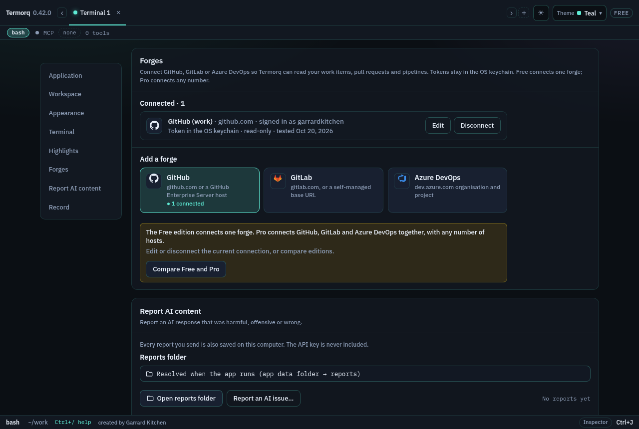 The Connected list with one GitHub connection and the Free edition notice for a second forge