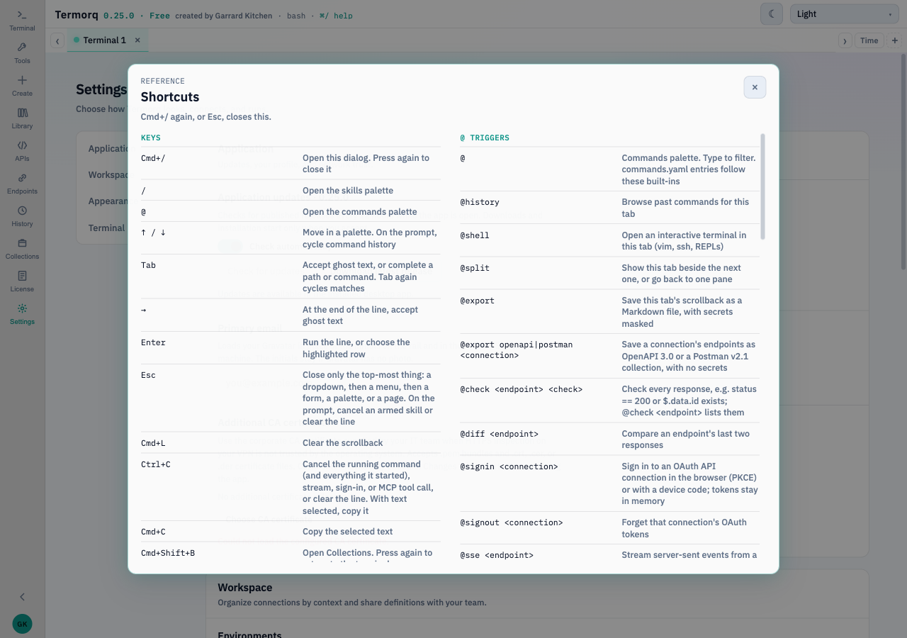 The shortcuts dialog open on the @ triggers