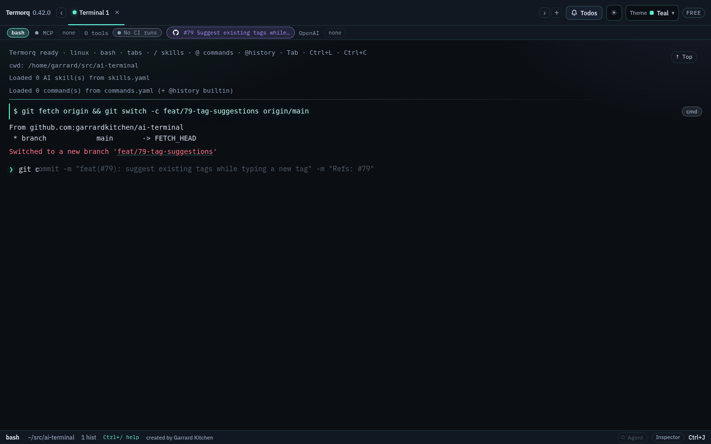 The prompt with git c typed and the rest of the commit command as a ghost