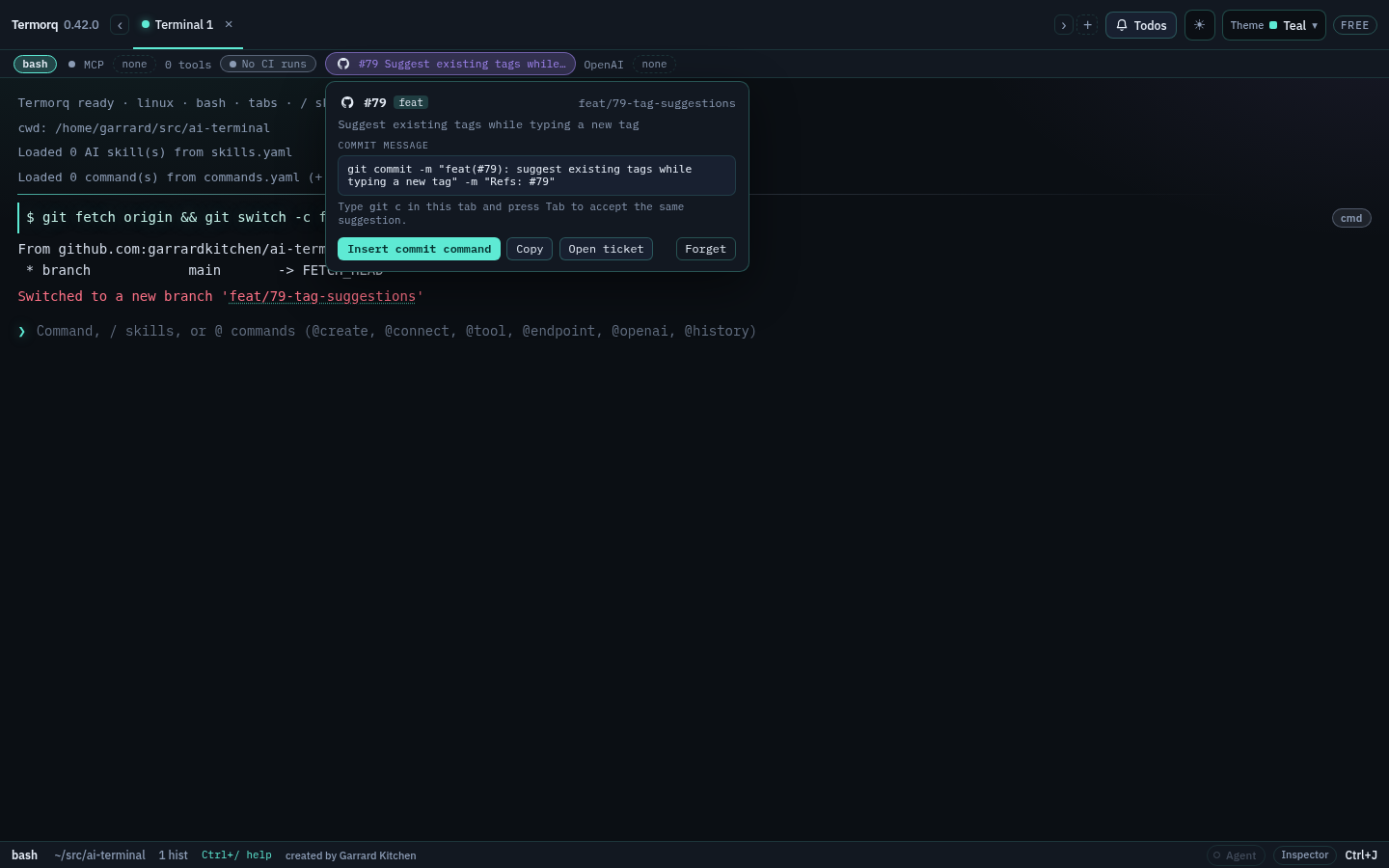 The status strip&rsquo;s ticket chip open, with the commit message and Insert commit command, Copy, Open ticket and Forget