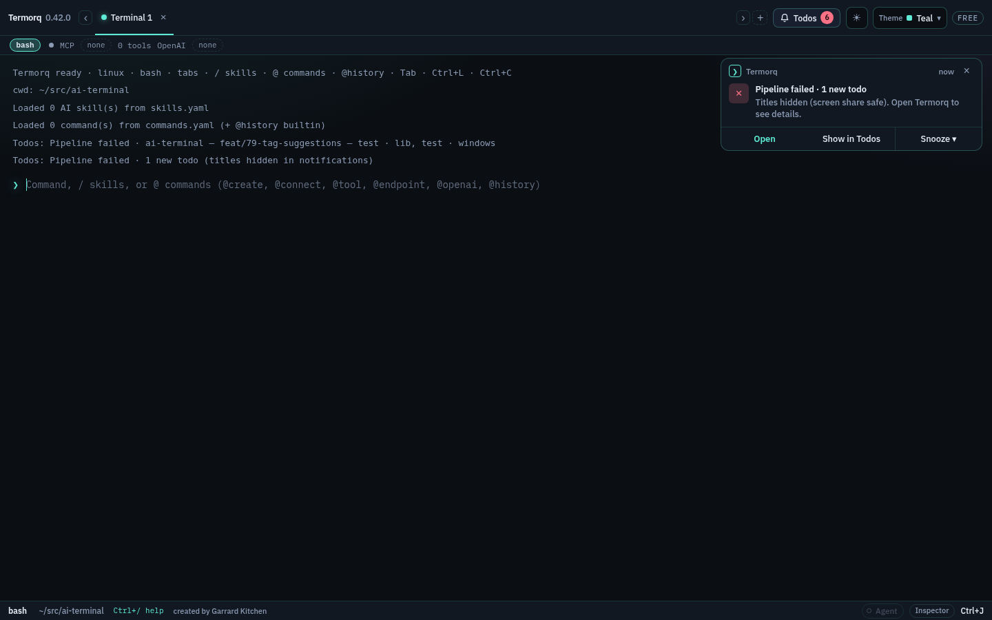 An in-app card reading Pipeline failed · 1 new todo with titles hidden
