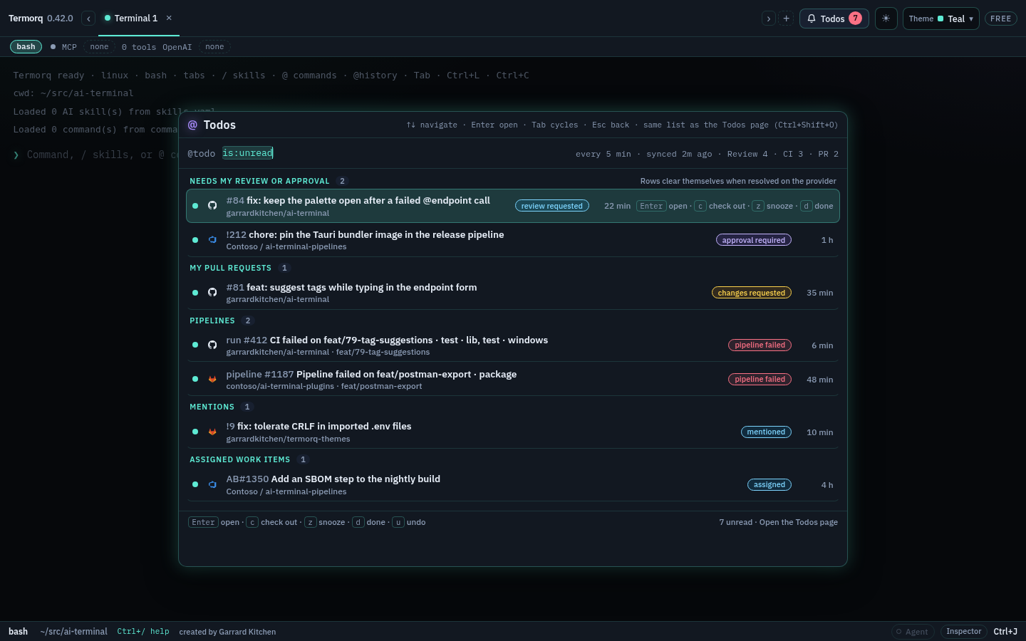 The @todo palette filtered to is:unread, with the selected row showing its keys