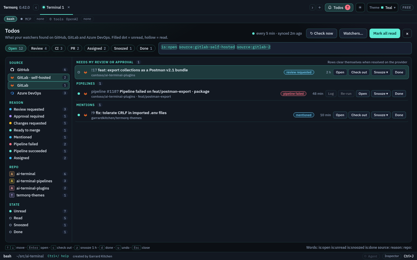 Two GitLab connections selected in the Source facet, with source:gitlab-self-hosted and source:gitlab-2 in the filter box