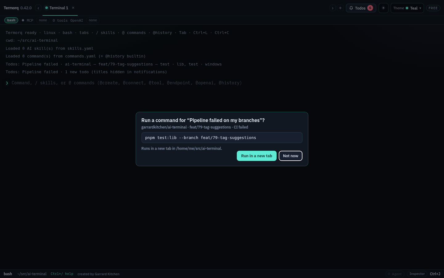 The confirmation dialog showing the expanded command and the folder it will run in