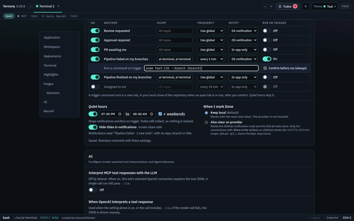 The watcher table with Run on trigger on for Pipeline failed and the command row below it