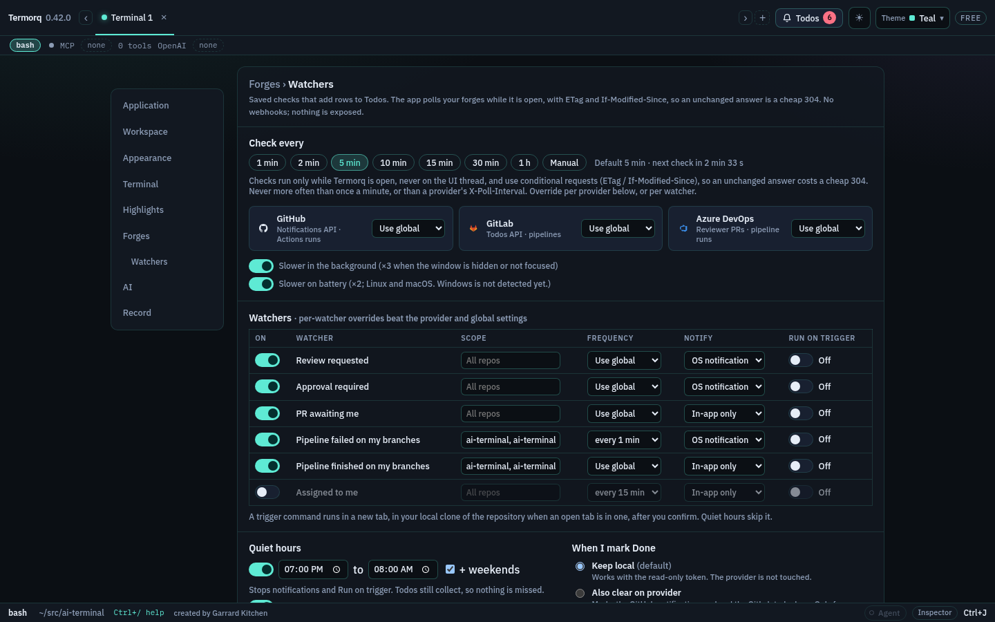 Settings, Forges, Watchers with Check every, the three provider cards, the watcher table, quiet hours and Done mode