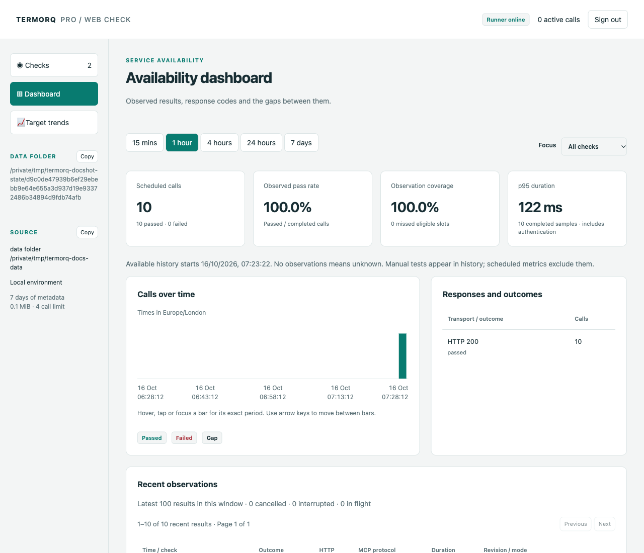 Web Check dashboard showing controlled HTTP and MCP observations