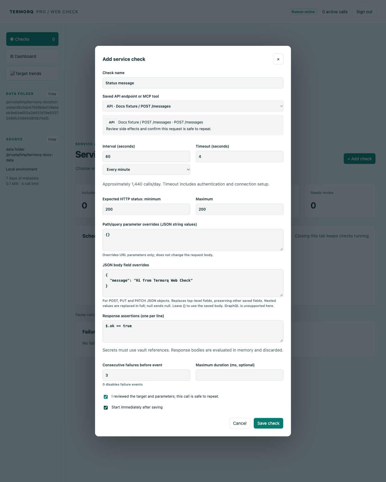 Web Check editor with separate URL and JSON body overrides