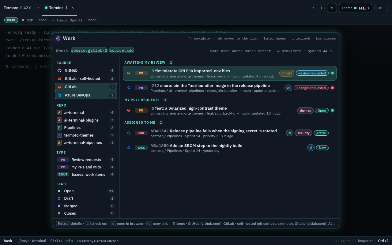 The @work palette with two of the four connections selected in the Source facet and the query showing their source: words