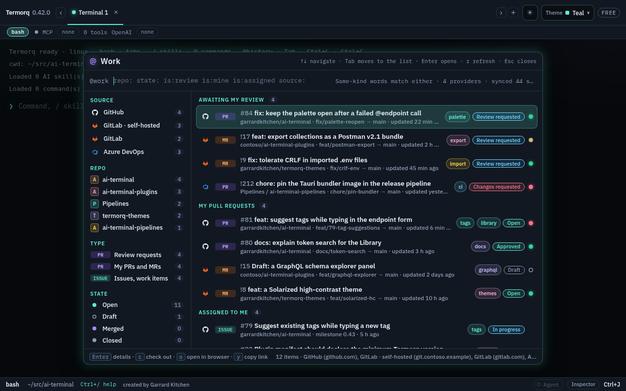 The @work palette with the Source, Repo, Type and State facets on the left and three groups of work on the right