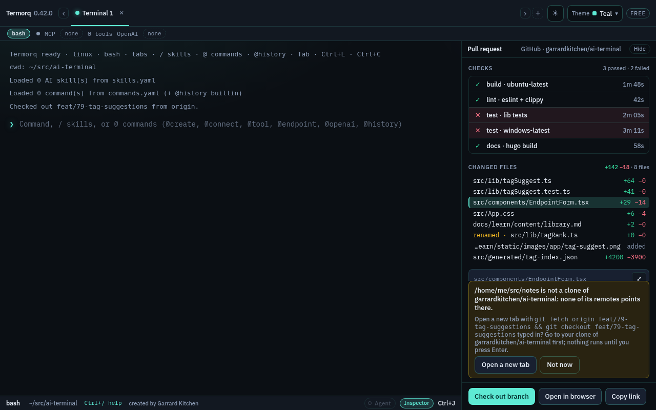 The pane after Check out branch in a folder that is not this repository, offering a new tab with the command typed in