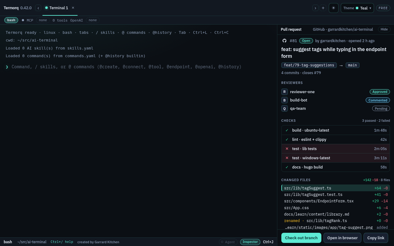 The pull request pane in the Inspector with reviewers, five checks, the changed files and the first file’s diff