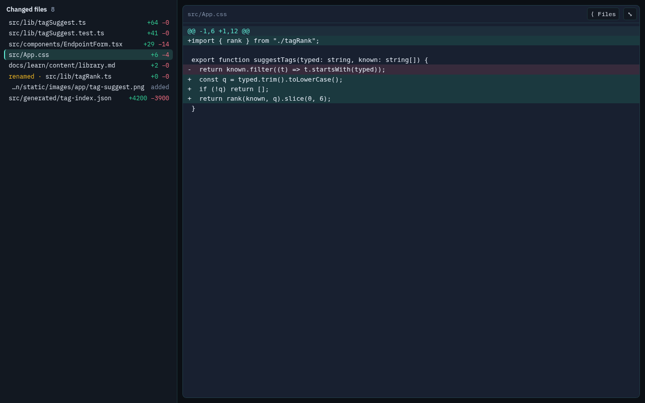 The diff expanded to the full window with the changed-file list on the left