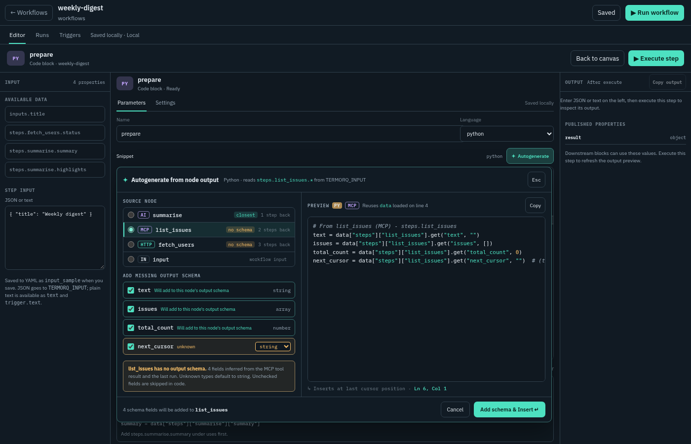 Autogenerate panel with an MCP source node selected, its inferred output fields checked, an amber unknown type, and a Python preview