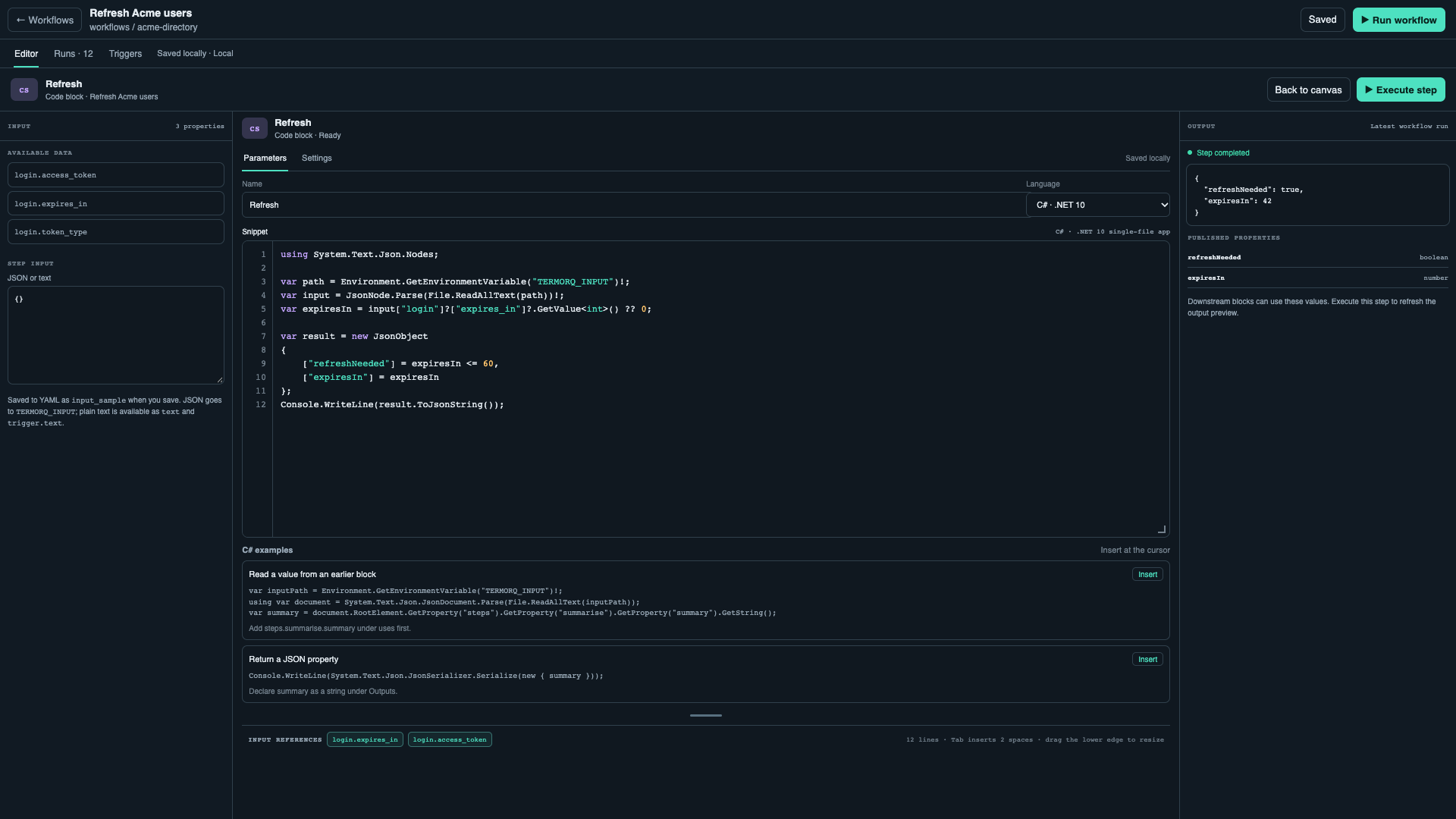 Code node editor with sample input, parameters, and output panels