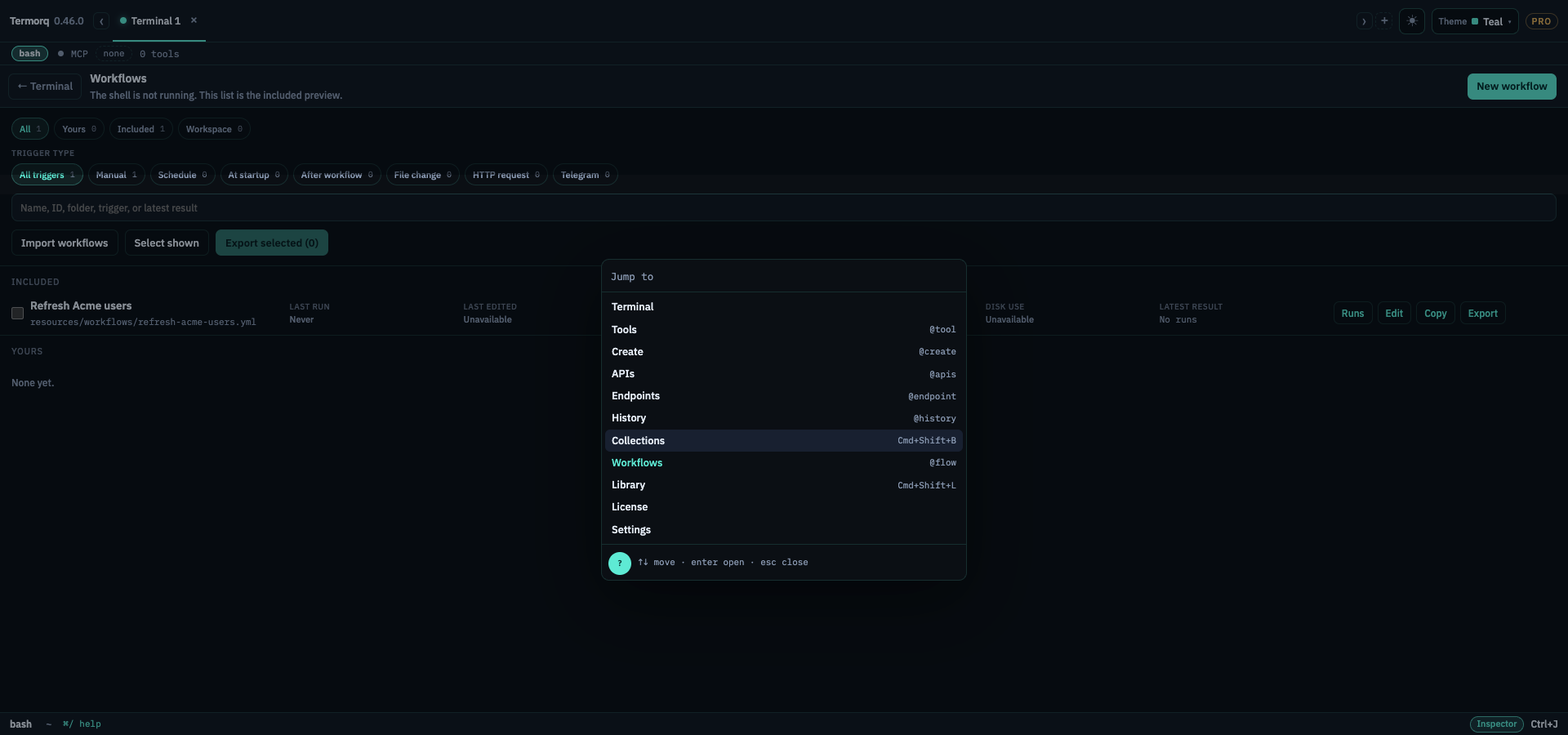 Workflows in the jump list, after Collections