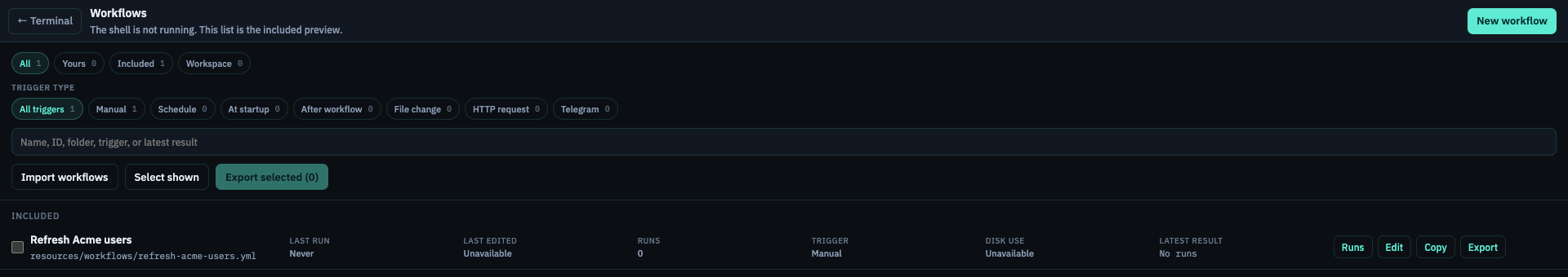 Workflow list with trigger filters, multi-select export, and row actions