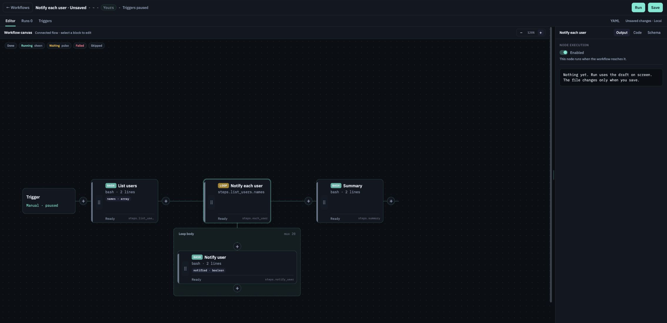Loop node with a nested Notify user block inside its loop frame
