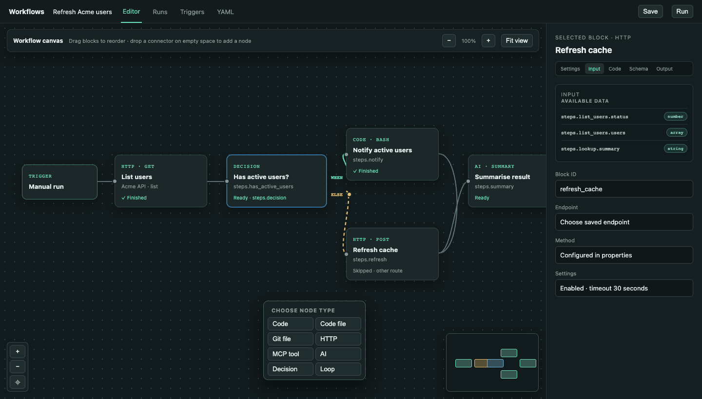 React Flow workflow canvas with the properties inspector on the right and a node type picker after a connector drop