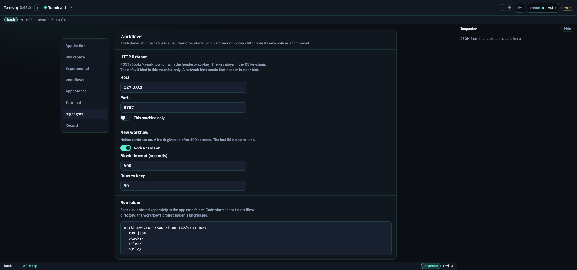 Settings filtered to workflow, with the listener defaults