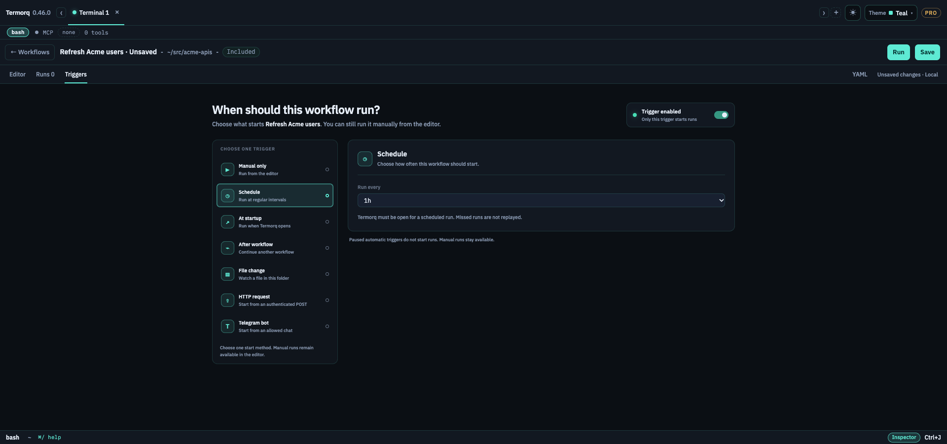 Single selected Schedule trigger in the Triggers page