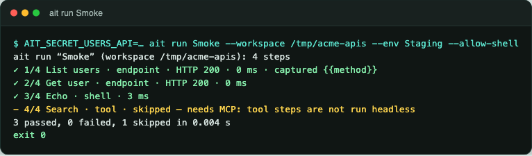 termorq-cli run Smoke passes three steps and skips the MCP tool